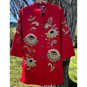 Indigo Moon Red Embroidered Floral Jacket Coat M *as is